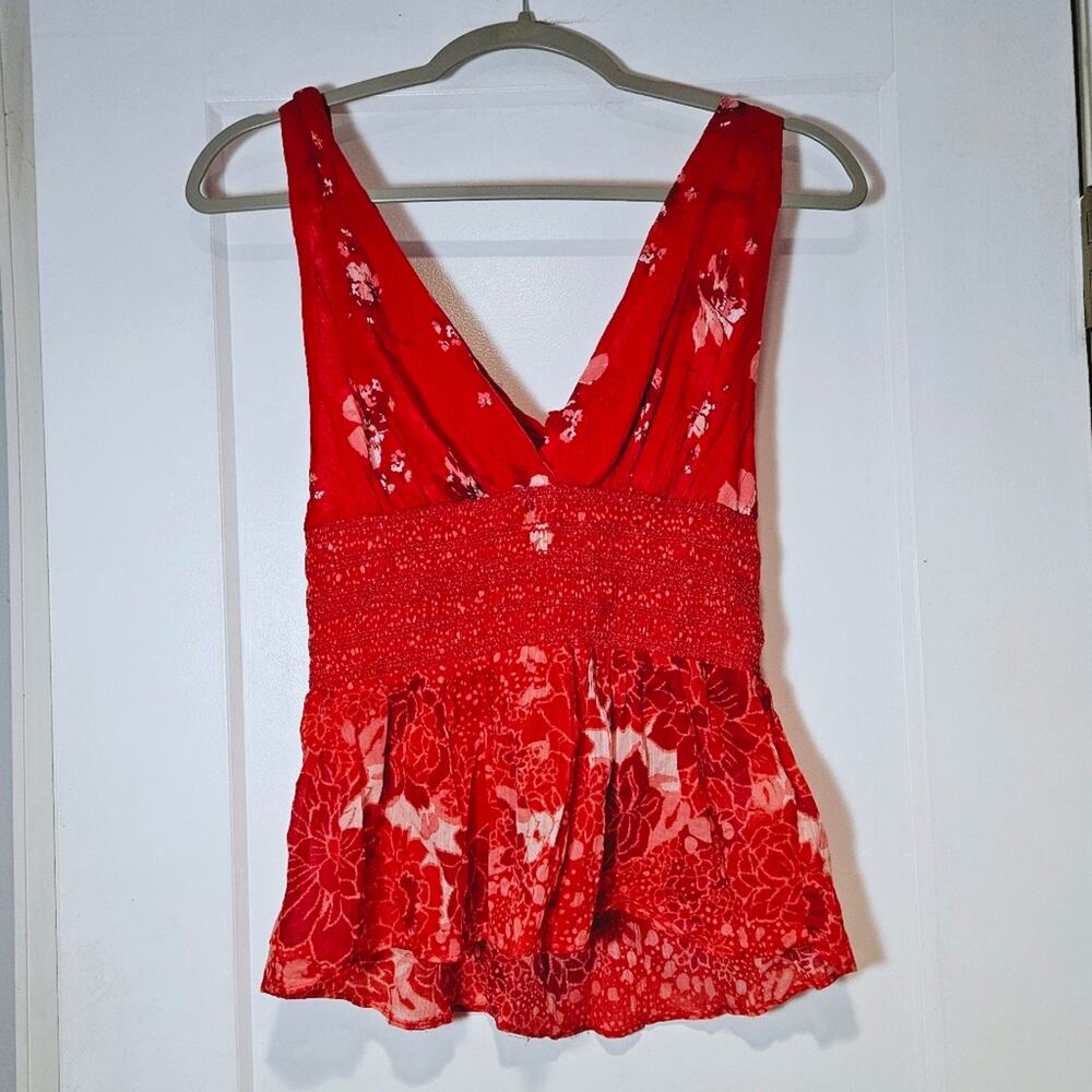 Free People Red Floral Tie Back Top Smocked Waist Peplum Tank Size S
